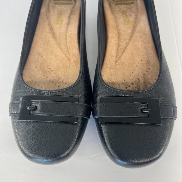 Sz 7.5 Clarks Blanche West Black Leather Buckle Embellishment Flats Women's Shoe - Picture 6 of 15